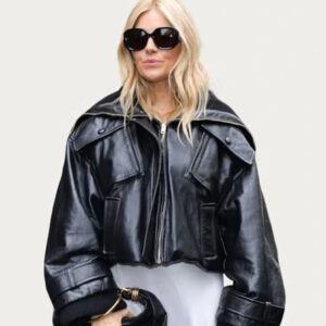 Sienna Miller Paris Fashion Enormous Crop Leather Jacket