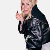 SiennaMillerParisFashionWeekShowCozyVintageEnormousChloeCropLeatherHoodedJacket