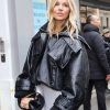 Sienna Miller Paris Fashion Week show Enormous Black Crop Leather Jacket