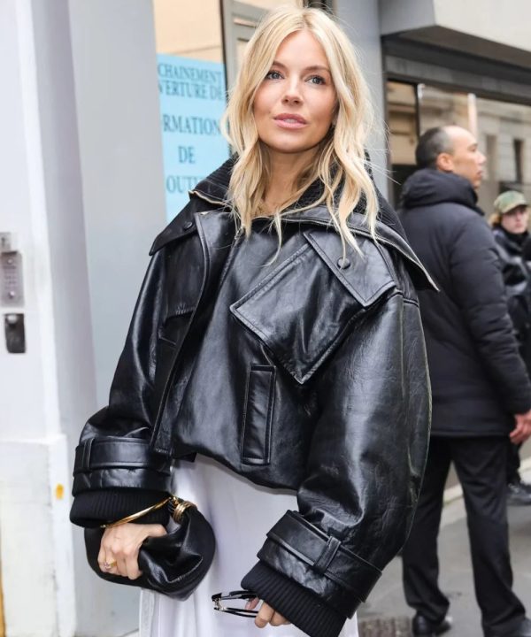 Sienna Miller Paris Fashion Week show Enormous Black Crop Leather Jacket