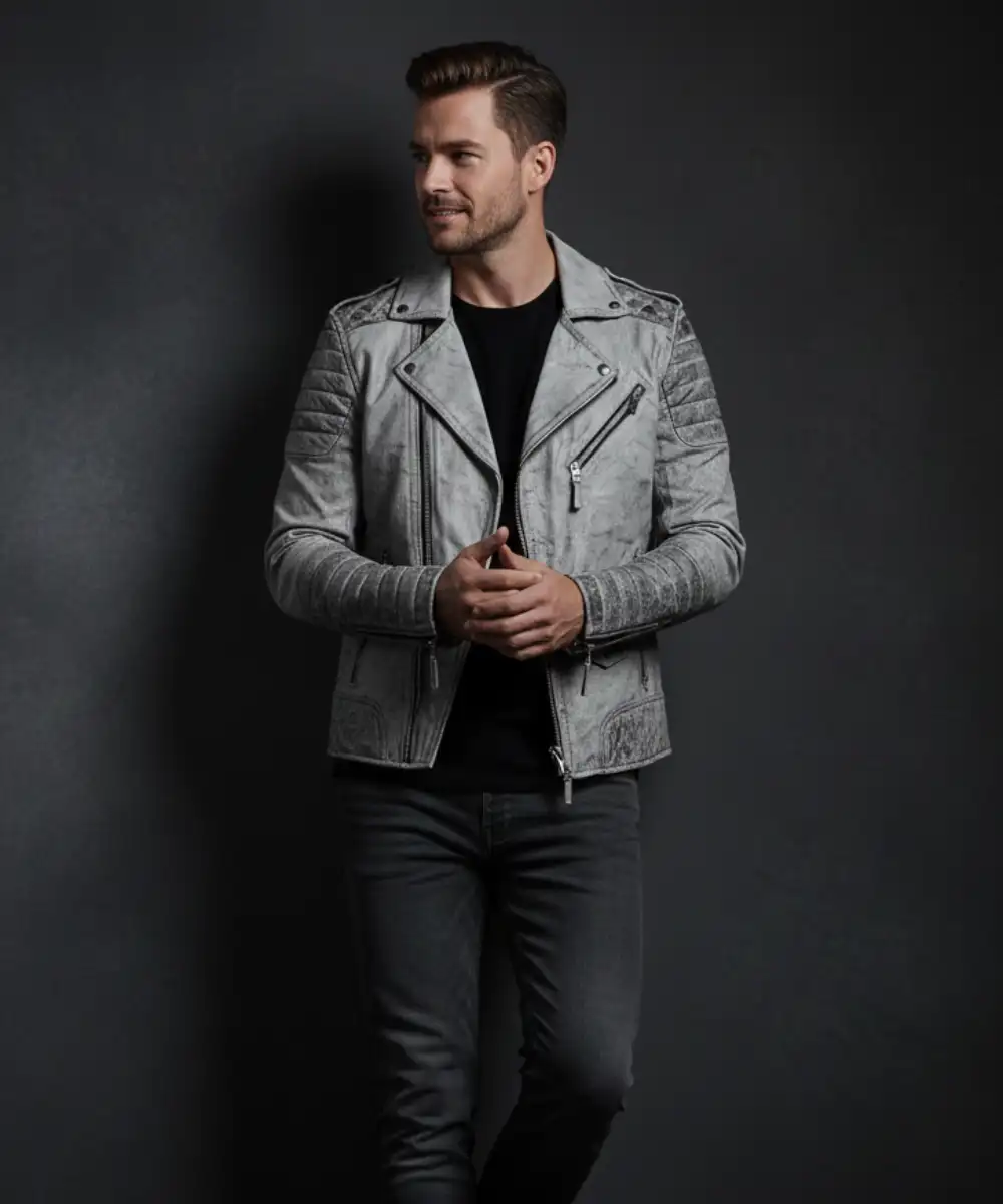 Â Smoke Biker Grey Quilted Weathered Leather Motorcycle Jacket