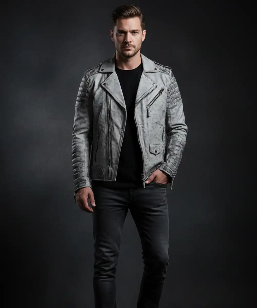 Smoke Biker Leather Jacket Mens