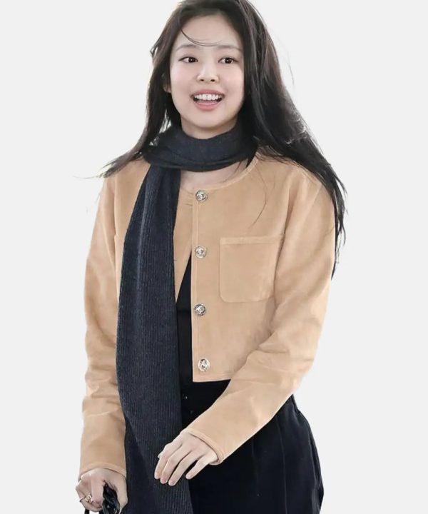 SouthKoreansingerandrapperJennieKimBrownSuedeLeatherCroppedJacket