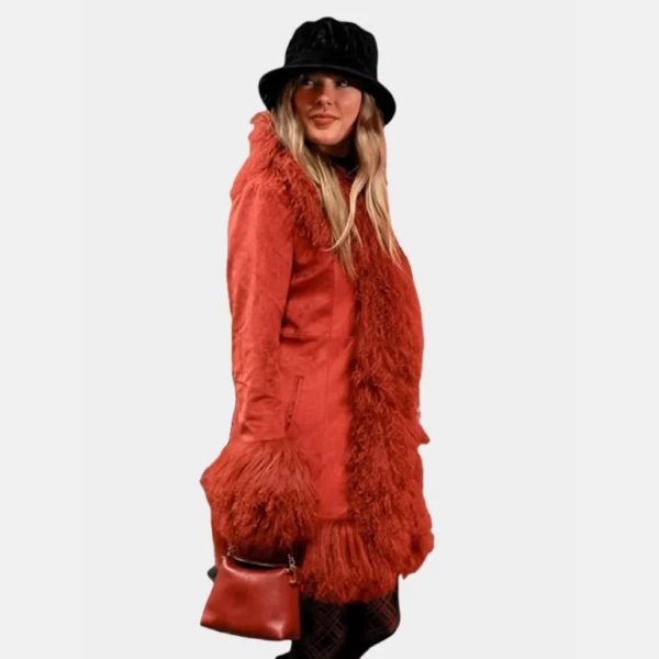 Texans vs Chiefs Taylor Swift Charlotte Simone Lulu Faux Fur Suede Coat Red
