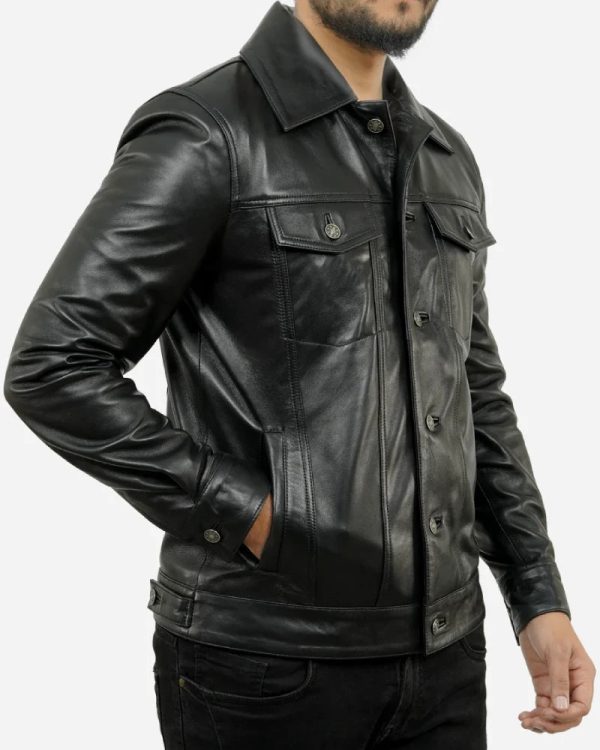 Trucker Black Two Front Pokets Leather Jacket