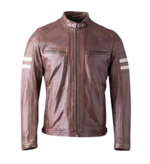 Men Brown Biker Leather Jacket with Cream Stripes