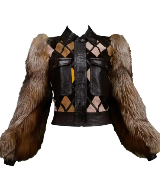 Women Brown Fur Sleeves Stylish Leather Jacket