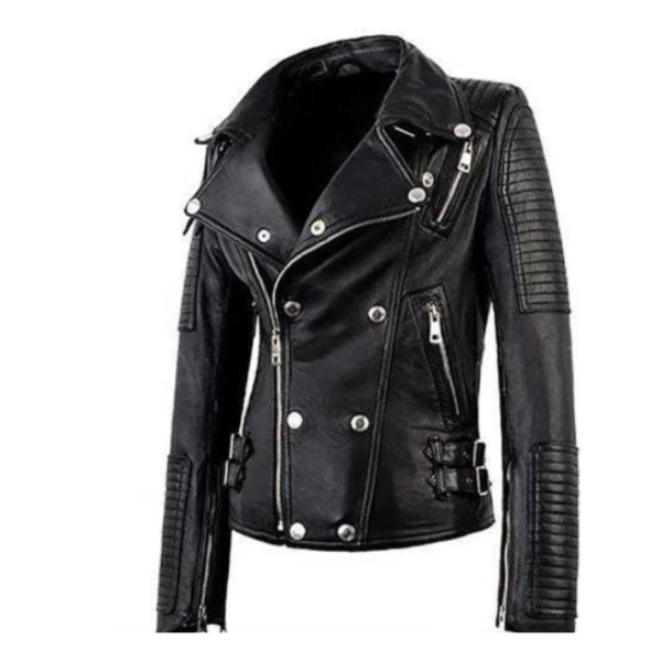 Women Black Biker Zipper Leather Jacket