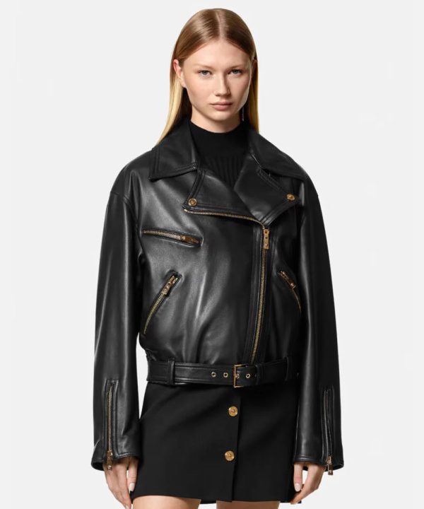 VersaceBlackLeatherMotorcycleCropJacketForSale