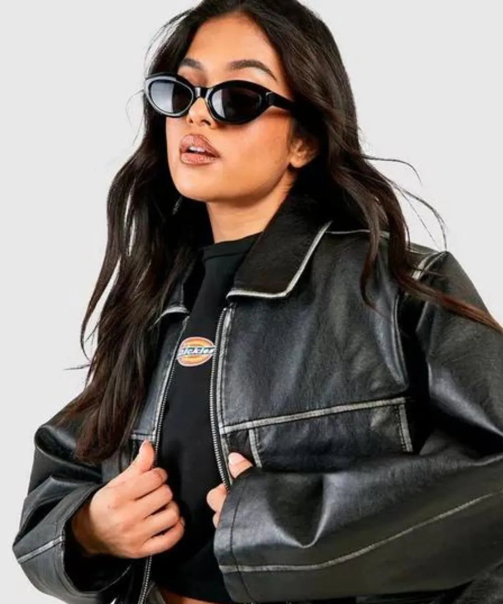 Women Vintage Pocket Detail Leather Jacket - Image 4