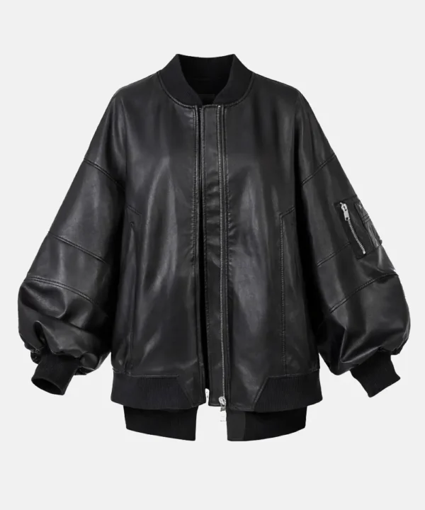 Women OversizedBlackLeatherBomberJacket