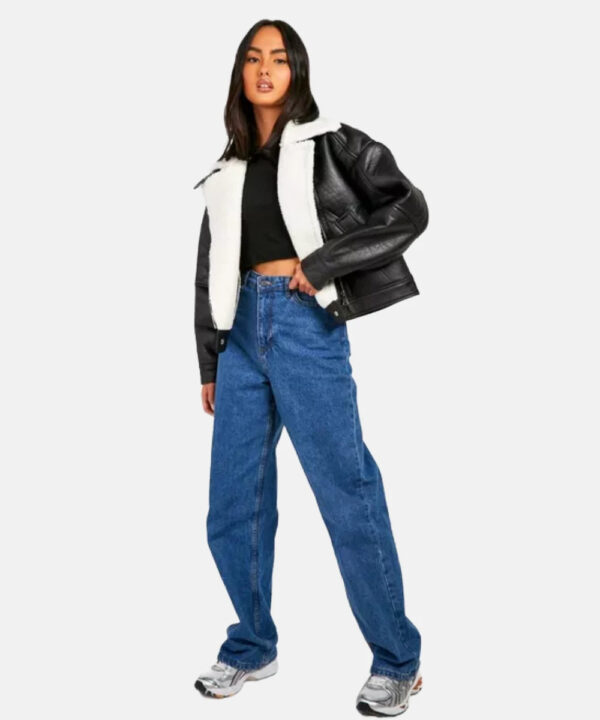 WomenAviatorShearlingBlackLeatherFurJacket