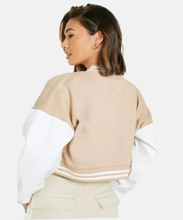 WomenBaseball BeigeCropVarsityBomberJacket