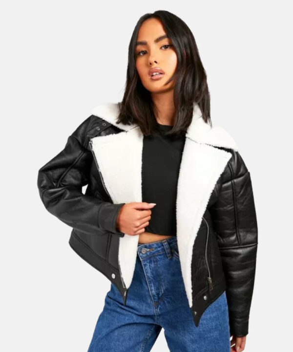 Women Borg lined Aviator Shearling BlackLeatherFurJacket