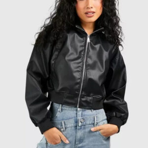 WomenCroppedLeatherBomberBikerJacket