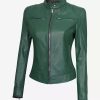 Women Dodge Green Cafe Racer Leather Jacket