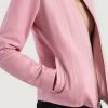 WomenEmmaStoneCollarlessPinkLeatherBikerJacket