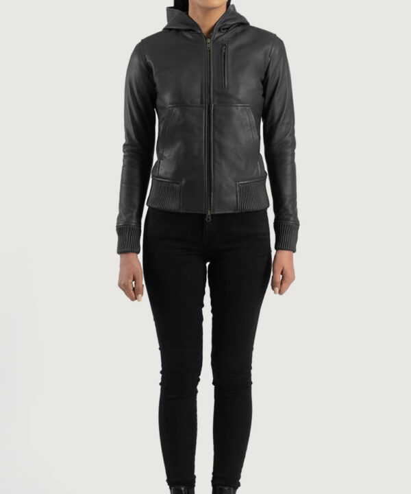 WomenHoodedLeatherBomberBikerJacket