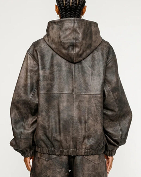 WomenStussyWorkStonewashLeatherHoodedJacket