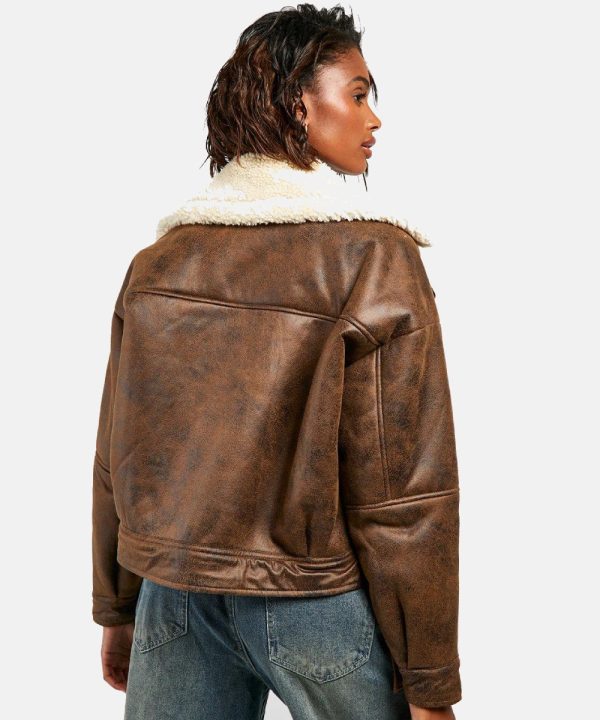 WomenVintageWashBrownFauxLeatherAviatorShearlingJacket