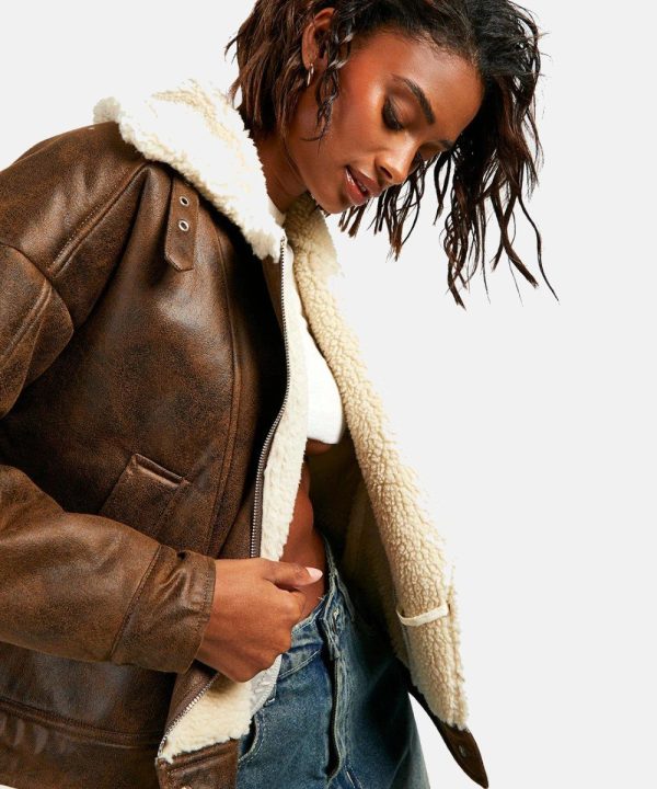 WomenVintageWashBrownLeatherAviatorShearlingJacket