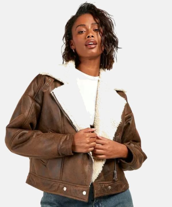 WomenVintageWashFauxLeatherAviatorJacket