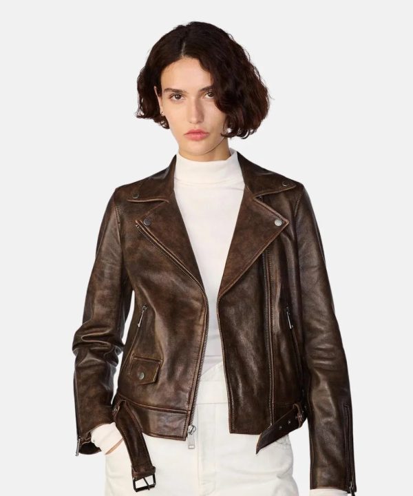 Women Ariana Brown Motorcycle Leather Jacket With Gold Hardware