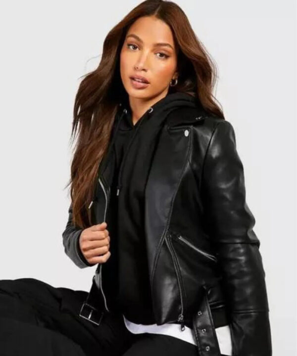 Women Black Tall belted Motorcycle Leather Jacket