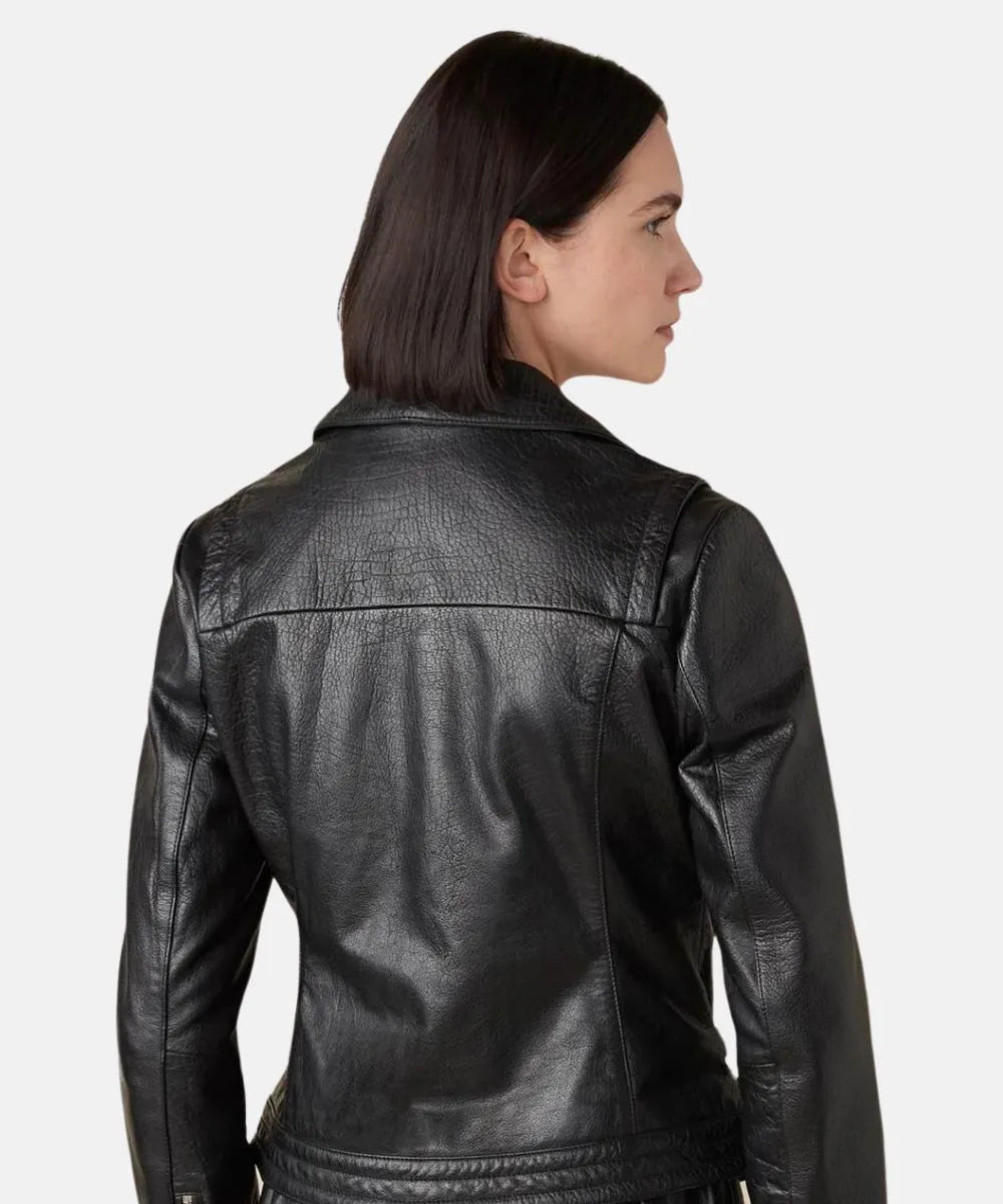 Women Classical Brandy Bubble Motorcycle Black Leather Jacket