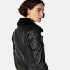 Women Classical Motorcycle Black Leather Jacket With Removeable Shearling Collar