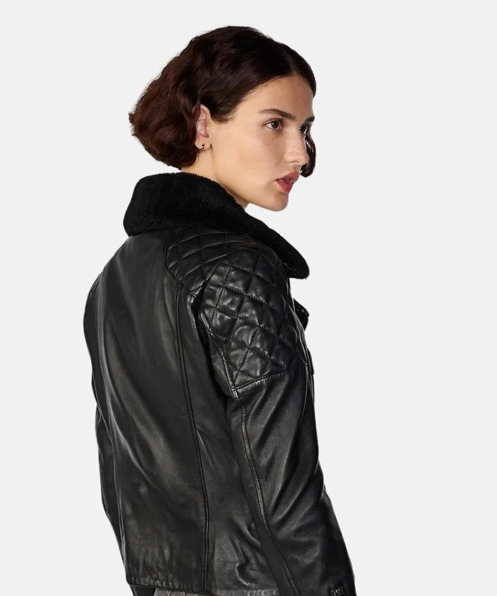 Women Classical Motorcycle Black Leather Jacket With Removeable Shearling Collar