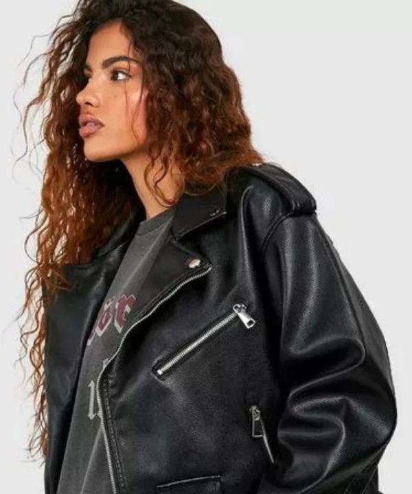Women Oversized Petite Motorcycle Black Leather Jacket