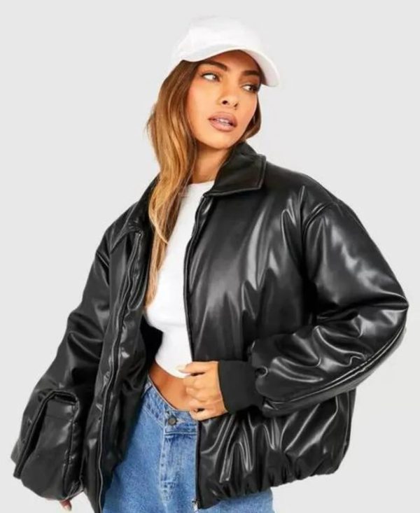 Women Padded Bomber Leather Jacket