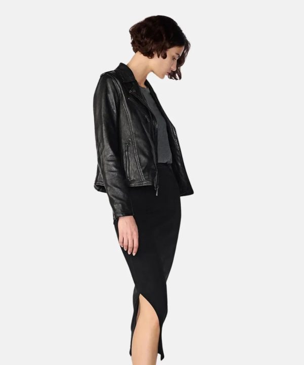 Women Zoe Motorcycle Black Leather Jacket With Fur Collar