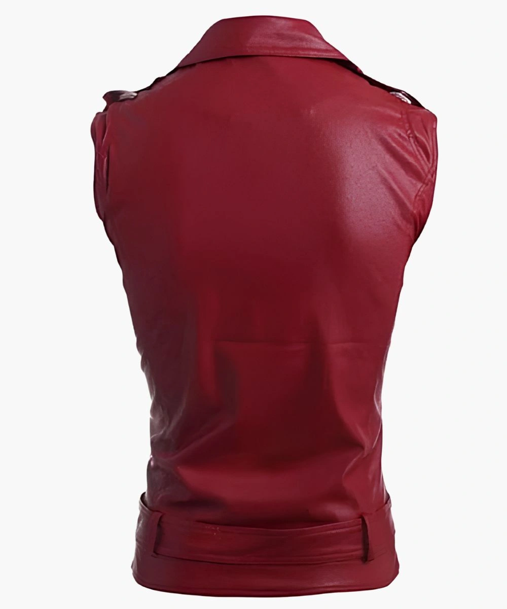 Women's Biker Maroon Leather Vest Three Pockets