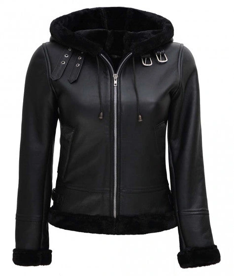 Women's Black Slim-Fit Leather Shearling Hooded Jacket