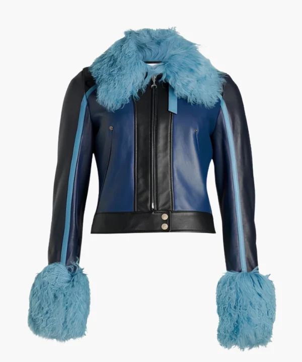 Women's Fur Collar Cropped Leather Jacket Black & Blue