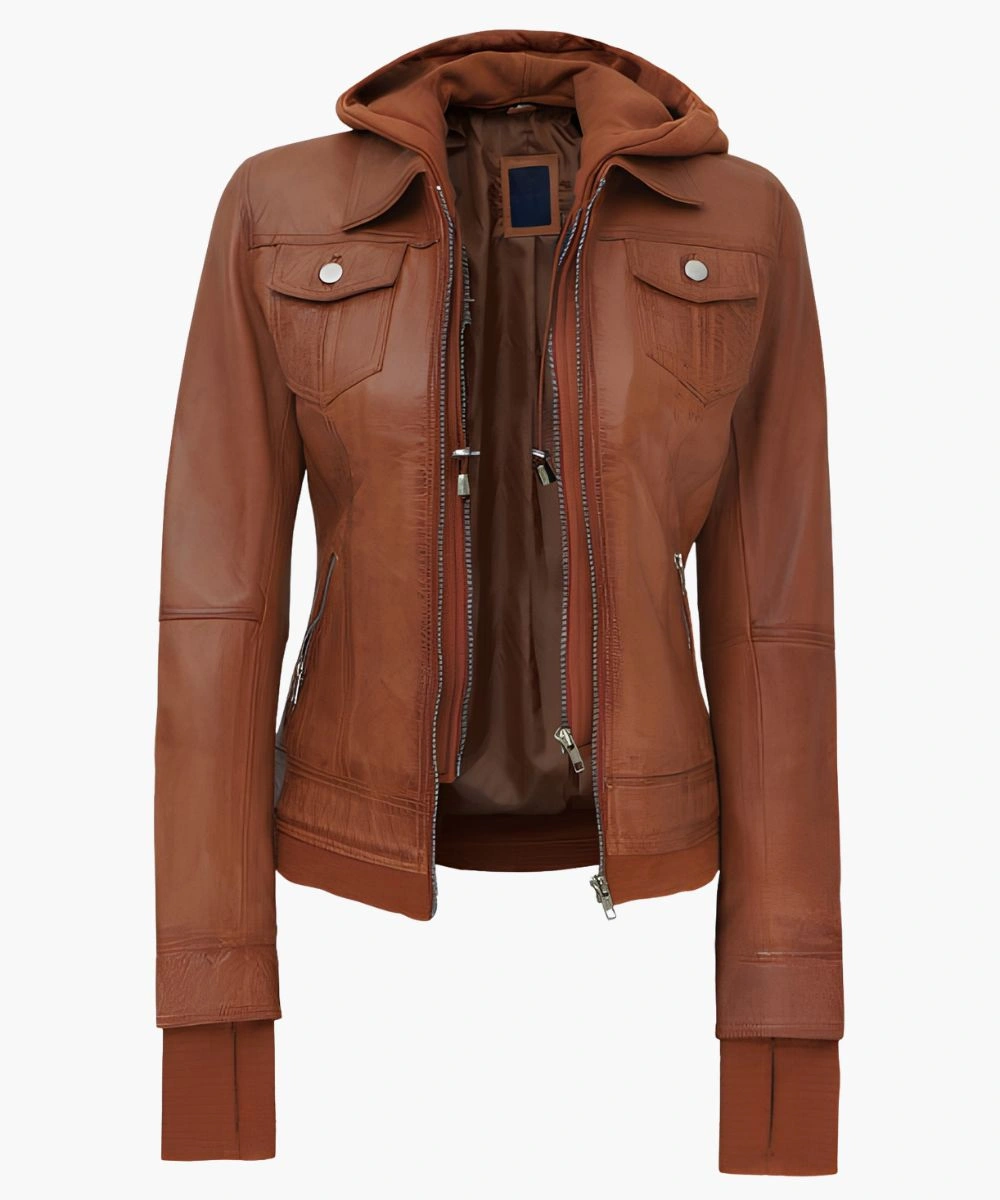 Women's Leather Bomber Hooded Biker Jacket Tan