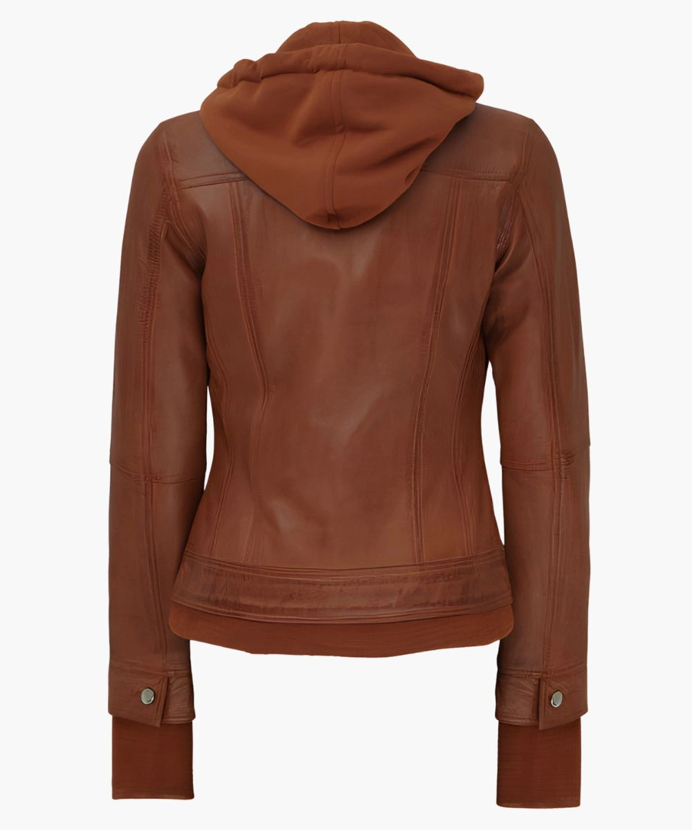 Women's Leather Hooded Jacket Tan