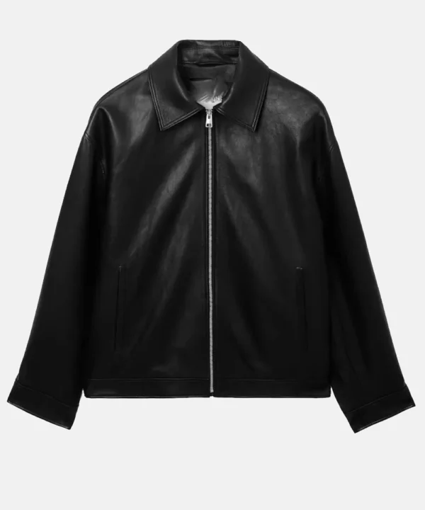 Women's Oversized Collared Black Plain Leather Jacket