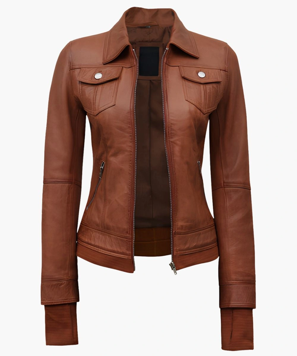 Women's Tan Leather Bomber Hooded Biker Jacket