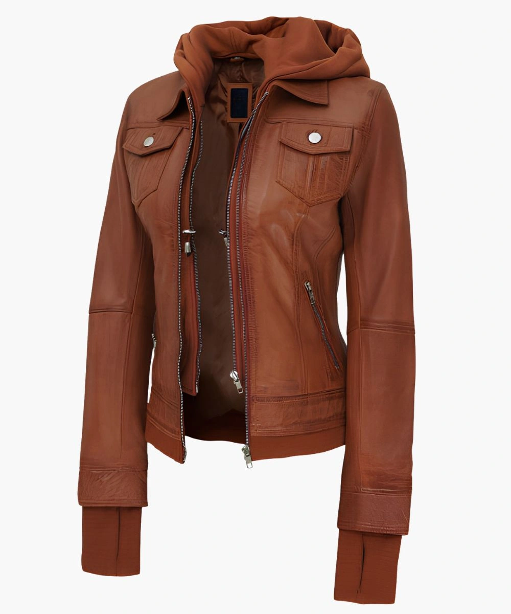Women's Tan Leather Hooded Biker Jacket