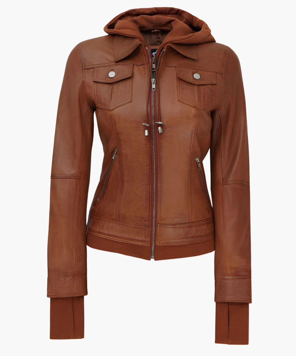 Women's Tan Leather Hooded Jacket