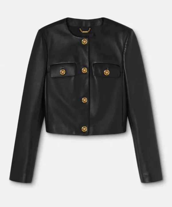 Women's Versace Black Leather Crop Cardigan Jacket For Sale