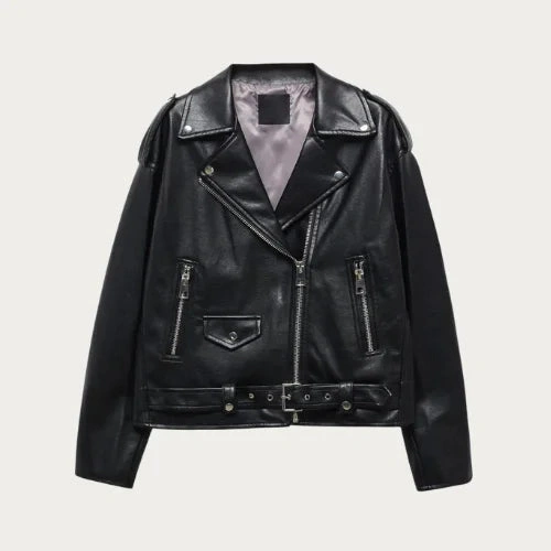 Women's Vintage Cozy Oversized Black Leather Biker Jacket