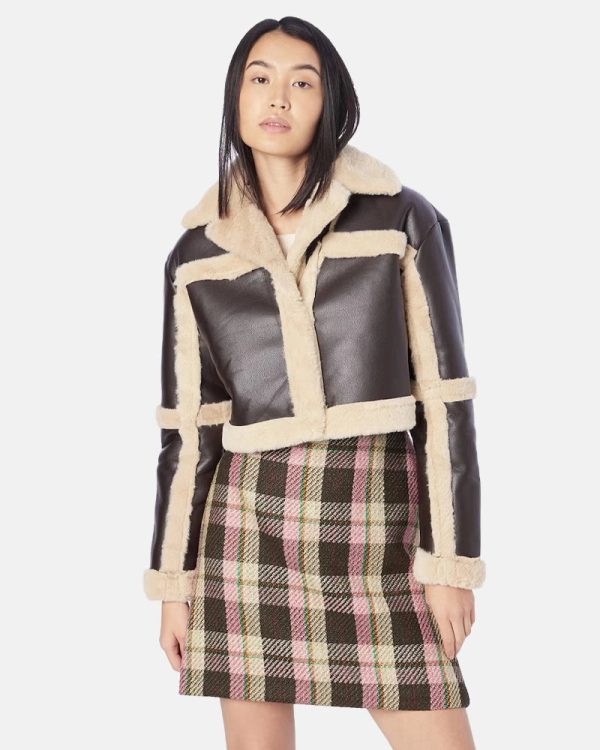Womens Chocolate Leather Crop Shearling Jacket