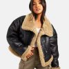 WomensPetiteTeddyTrimAviatorBrownShearlingLeatherFurJacket