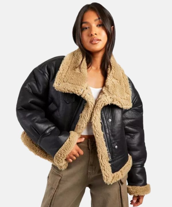 WomensPetiteTeddyTrimAviatorBrownShearlingLeatherFurJacket