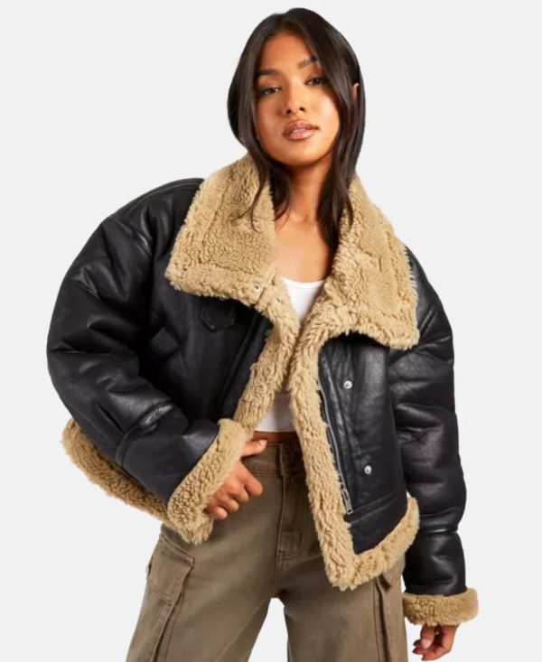 WomensPetiteTeddyTrimAviatorBrownShearlingLeatherFurJacket