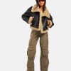 WomensPetiteTeddyTrimAviatorBrownShearlingLeatherJacket